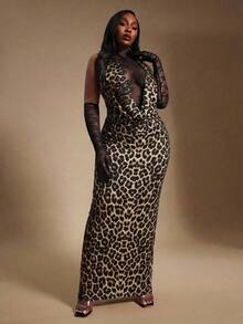 Radiana Women's Multicolor Plus Size Leopard Print Sleeveless Knitted Fabric Bodycon Maxi Dress With Stand Collar - Multicolor - View 5