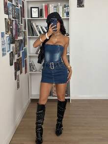 StreetHx Y2K Fashion Sexy Street Style Leather Belt Denim Camisole Dress - Medium Wash - View 4