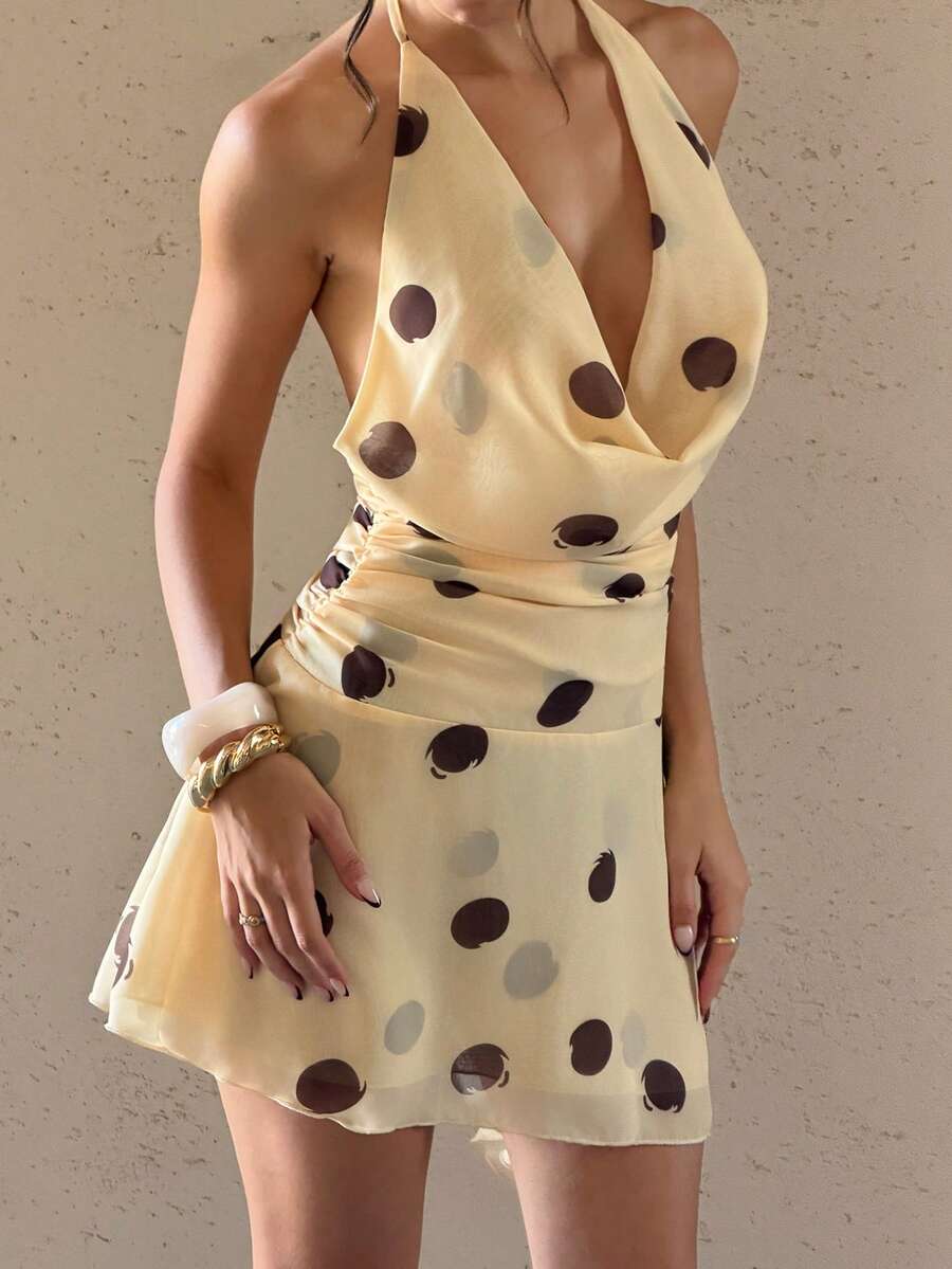 Bluhae French Polka Dot Sexy Halter Plunging Neck Backless Chiffon Dress For Women - Light Yellow - View 1