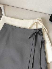 Franclia Petite Chân váy nữ kaki dệt họa tiết mới, kiểu dáng thường ngày, đa năng, buộc dây bên hông, vạt bất đối xứng, thích hợp cho mùa xuân/hè. - Xám - Xem 4