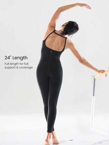 GLOWMODE 24" FeatherFit™-Air Feel Good Moves Buttery-Soft Stretchy Sweat-Wicking Removable Cups Side Pockets Open-Back Bodysuit Low Impact Yoga Gym Studio Daily Casual Wear - Black - View 3