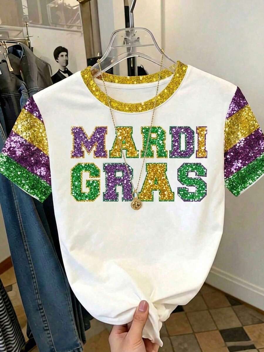 SHEIN EZwear Women's Carnival Colorful Letter Sequin Contrast Pattern Round Neck Comfortable Casual Short Sleeve T-Shirt, Suitable For Daily And Holiday Wear Colorful Sequin Top Short Sleeve Shirt - Multicolor - View 1