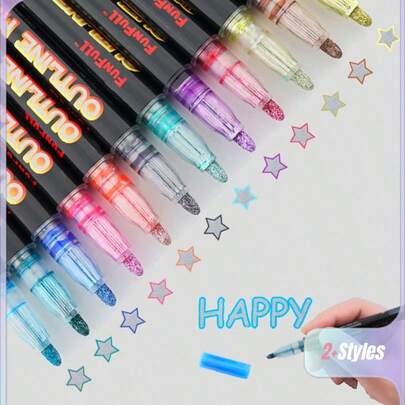 12 支双线轮廓马克笔，超级波浪闪光轮廓马克笔套装，自轮廓金属马克笔闪光书写绘图笔，适用于生日贺卡、涂鸦、DIY 艺术工艺品、陶瓷返校