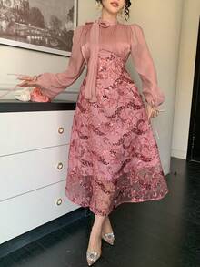 DAZY Đầm dài ngang gối thanh lịch dành cho nữ, phối sequin, cổ bèo nhún, tay phồng, thích hợp cho dự tiệc cưới mùa xuân/hè, đầm maxi hoặc đầm mùa hè. - Hồng - Xem 8