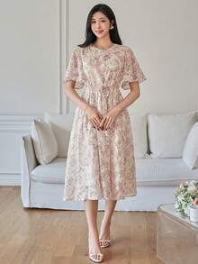 DAZY 女士优雅印花立领抽绳中长连衣裙，夏季 - 粉色 - 查看 6