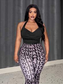 Slaydiva Bodysuit Rajut Hitam Kasual Tanpa Lengan Model Halter Neck Ukuran Plus dengan Detail Lipatan - Hitam - View 6