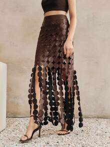 Anewsta 新款优雅镂空波点度假风半身裙，复古别致纹理流苏时尚百搭女裙 - 棕色 - 查看 5