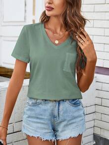 SHEIN LUNE Camiseta de mujer cómoda de algodón casual con bolsillo, cuello en V, versátil y de moda - Verde - Ver 4