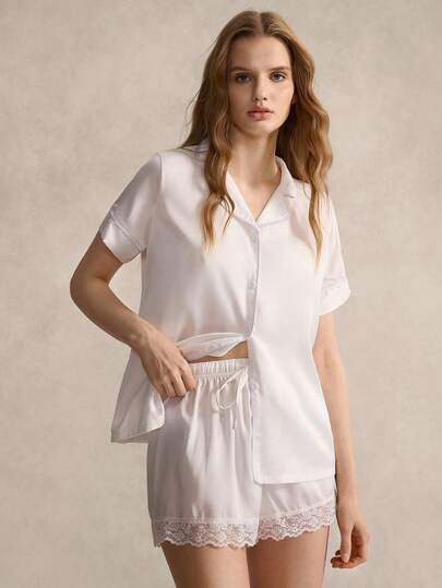 Women's Solid Color Short Sleeve Loose Casual Front Button Comfortable Breathable Pajama Set