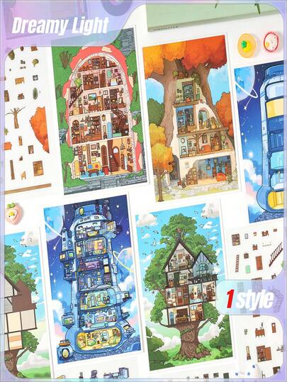 1Set Of 4 Sheets Dream Weaving & Light Crafting 3D Scene-Making Stickers - Cross-Border Student Sticker Pack, DIY 3D Puffy Stickers For Journals