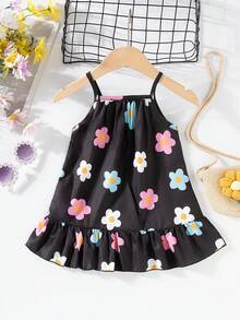 SHEIN Playful Pals Đầm dệt họa tiết sọc nhiều màu sắc dễ thương, kiểu dáng thường ngày cho bé gái, thích hợp mặc mùa hè. - màu đen - Xem 2