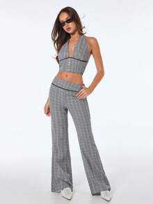 Sweetina Backless Plaid Halter Deep V-Neck Women Tank Top - Grey - View 3