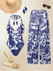 SHEIN Swim Oasis Women's Tropical Print Tie Shoulder One-Piece Swimsuit And Cover Up Pants Set, Beach Vacation Style - Navy Blue - View 1