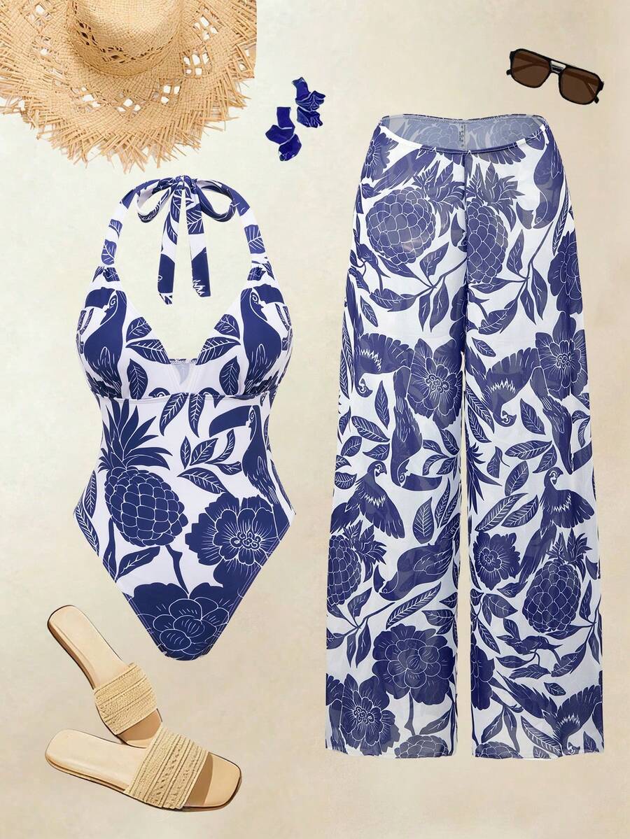 SHEIN Swim Oasis Women's Tropical Print Tie Shoulder One-Piece Swimsuit And Cover Up Pants Set, Beach Vacation Style - Navy Blue - View 1