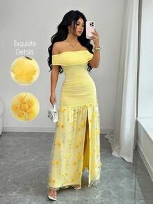 Elenzga 女士优雅露肩短袖褶皱修身花卉网纱连衣裙，适合度假、海滩、旅行 - 淡黃色 - 查看 7