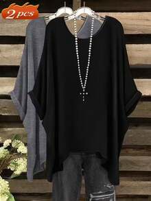 EMERY ROSE Plus Size Summer Casual Solid Color Batwing Sleeve Asymmetric Hem T-Shirt - Multicolor - View 1