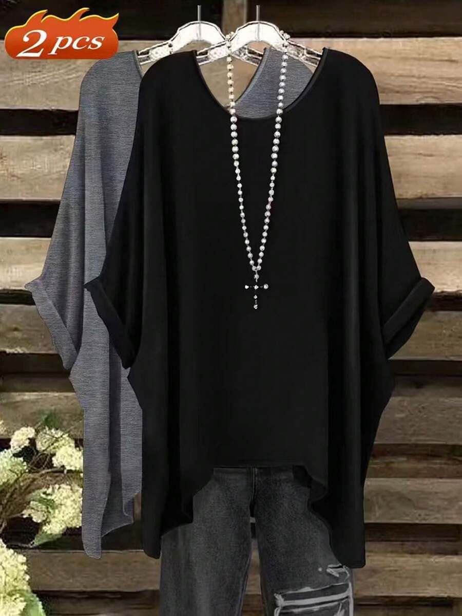 EMERY ROSE Plus Size Summer Casual Solid Color Batwing Sleeve Asymmetric Hem T-Shirt - Multicolor - View 1