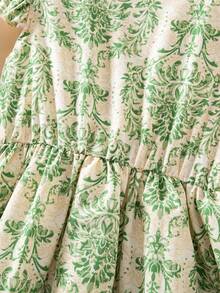 Tween Girls Floral Print Pattern Cap Sleeve Waist Cinched Dress - Green - View 6