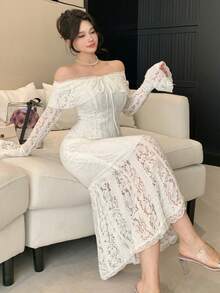 DAZY Vestido de playa elegante de manga larga con hombros descubiertos y encaje para mujer - Blanco - Ver 7