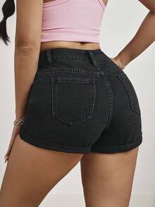 SHEIN PETITE Women's Casual Everyday Pocketed Button Denim Shorts - Black - View 2