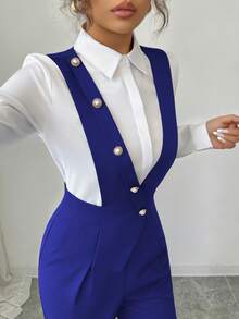 Elenzga 女士新款休闲通勤纽扣装饰连体裤 - 寶藍色 - 查看 3