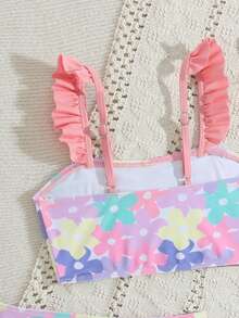 女童印花泳衣，荷叶边装饰，三件套 - 彩色 - 查看 6