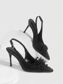 CUCCOO SZL Pantofi de damă cu toc înalt și subțire, cu mărgele rotunde negre, decorațiuni tridimensionale, la modă, sexy, pentru petreceri, banchet, club de noapte, pantofi cu toc înalt pentru femei, Slingback, pantofi pentru femei, Ziua Îndrăgostiților - Negru - Vizualizare 2