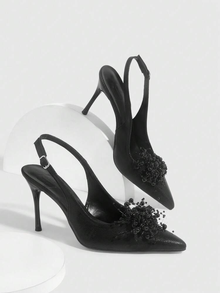 CUCCOO SZL Women Shoes Pointed Thin High Heels Black Round Beads Three-Dimensional Decoration Fashionable Sexy Party Banquet Nightclub Women's High Heels Shoes Slingback Women's Shoes Valentine's Day