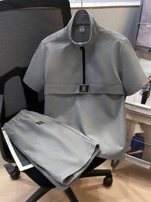 SHEIN Bộ quần áo 2 món cho bé trai tuổi teen, áo polo cổ bẻ tay ngắn có khóa kéo và quần short, màu xám, phù hợp cho đi học, biểu diễn, đám cưới, dã ngoại, tiệc tùng, mùa xuân/hè. - Xám - Xem 4