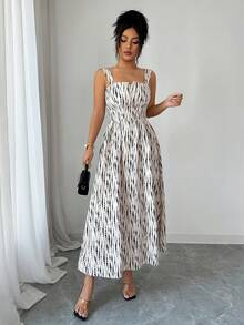 Elenzga Women's Asymmetrical Collar Waist Cinched Back Gathered Design Colorful Printed Fabric Loose Dress, Elegant Casual Vacation Vibe, Suitable For Carnival, Labor Day, Easter, Student, Campus, Beach Holiday, Travel, Garden, Summer New Fashion Essential - Multicolor - View 5