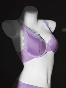 2件套蕾丝拼接女士钢圈文胸套装 - 紫色 - 查看 3