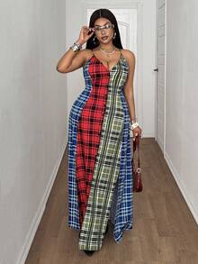 Maweii Đầm hai dây xẻ cao phối màu kẻ caro thời trang cỡ lớn dành cho nữ. - Nhiều màu - Xem 4