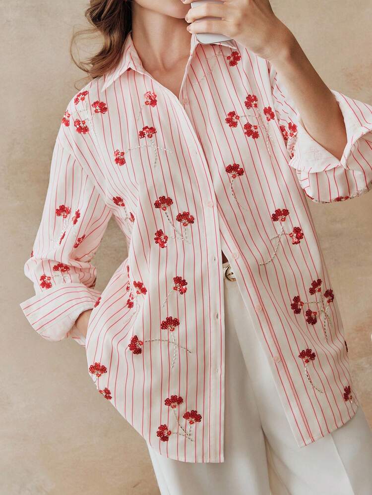 Romantic Vacation Valentine's Day Christmas Pink & White Striped Sequin Floral Embroidered Long Sleeve Polo Collar Blouse For Women Summer Shirts Woman