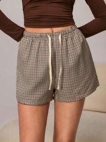 HautHeat Women's Waist Tie Plaid Loose Pajama Shorts - Khaki - View 3