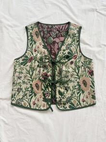 Soleia 大码女式度假休闲复古热带植物提花系带纹理面料背心 - 彩色 - 查看 3