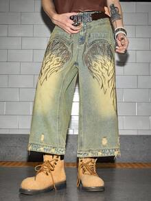 ROMWE MEN Street Life Men's Wing Embroidery Distressed Loose Fit Denim Shorts - Black - View 1