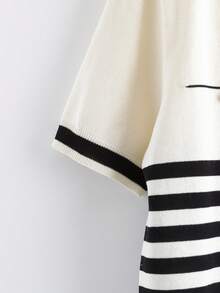 SHEIN Franclia 女士休闲V领短袖条纹针织上衣 - 杏色 - 查看 5