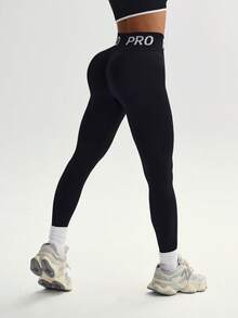 Dewbera Women's Seamless High Waist Letter Print Tummy Control Leggings - Black - View 8