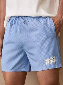 Manfinity VCAY Men's Casual Blue And White Stripe Summer Beach Holiday Shorts,Vertical Striped Mid-Waist Drawstring Straight Swim Trunks,Woven Matching Swimwear - Multicolor - View 6