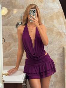 Vowa 优雅酒红色高弹针织网纱前片性感露背系带深V领口，奢华水钻装饰收腰，透视网纱巴斯克式低腰多层A字裙 - 紫色 - 查看 6