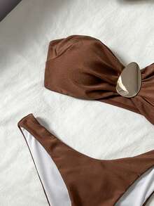 Swim Vcay 2pcs Women's Casual Vacation Elegant Solid Color Halter Bikini Set, Spring/Summer - Brown - View 5