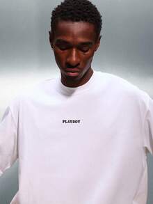 PLAYBOY X SUMWON Men Crop Fit Short Sleeve Crew Neck T Shirt With Small Chest Text Print Casual Streetwear Urban Style Relaxed Daily Wear - White - View 4