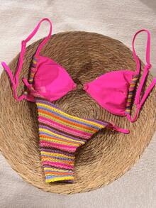 Swim Vcay 2026春夏彩色毛巾质感面料细肩带可调节露背挂脖抽绳腰身珍珠纽扣侧边高衩比基尼两件套泳衣女式钩针比基尼套装系带比基尼套装 - 彩色 - 查看 3