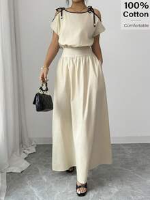 Siren Gaze Summer Outfits For Women Women's Contrast Trim Knot Pocket Casual Long Dress - Apricot - View 2