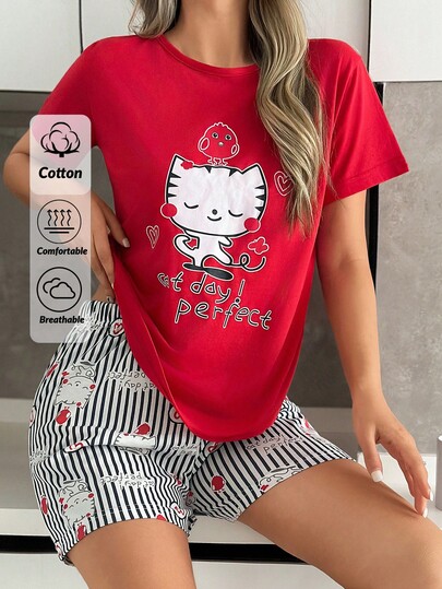 RueChic Women Cute Cartoon Cat Printed Short Sleeved Shirt&Shorts Homewear Pajama Set Women S Pajama Women S Pajama Pants Women Pj Set Short Women Nighty