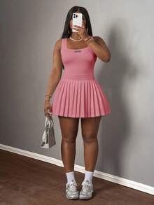 Slaydiva 新款春夏休闲基础款U领露背背心，黑色标签白色文字，百褶裙搭配短裤和阔腿裤，白色针织面料女士迷你连衣裙，百褶迷你连衣裙，网球裙，Y2K风格连衣裙，粉色连衣裙 - 藕粉色 - 查看 8