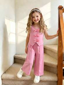Elladie kids 新款女童4-7岁春夏无袖背心套装，前襟纽扣，蝴蝶结装饰，搭配阔腿裤，时尚休闲连衣裙套装，适合4-7岁女童日常休闲、度假、上学、户外运动等场合。 - 粉色 - 查看 3