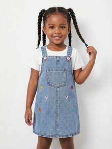 Genkimix Kids Girls' Blue Back-To-School Washed Loose Denim Pinafore Dress,Multi-Color Heart Embroidery,Soft Cotton Denim Casual Dress For Spring & Autumn Outing - Medium Wash - View 11