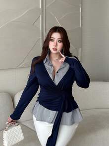 Vibekara Plus Size Women's New Spring Knit Loose Collar Patchwork Striped Woven 2 In 1 Top, Elegant Business Casual Commute Outerwear Navy Blue Blouse Women Blouses Elegant Navy Blue Top Women Sexy Blouse For Women Business Casual Woman Top Dark Blue Top Curvy Blouses Office Blouse Wrap BlouseCasual Plus Size Women's Knitted Wrap Colorblock Top With Long Sleeves And Collared Neckline - Blue - View 4