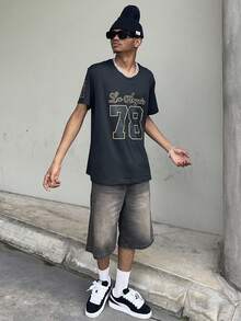 Ngobest Haus Ngobest Haus 洛杉矶 78 图案黑色涤纶男式 T 恤 - 休闲宽松版型，可机洗短袖 T 恤，带有粗体数字印花 - 黑色 - 查看 4